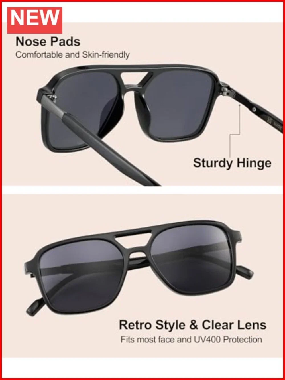 Retro Aviator Sunglasses, UV400 Protection Rectangle Shades